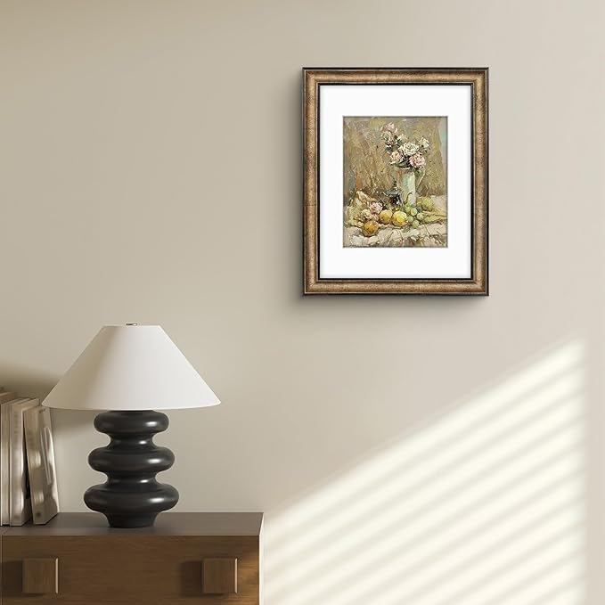 Golden State Art, 11x14 Photo Frame with Mat for Pictures 8x10 and Real Glass (Dark Gold Brown & Bronze Pewter Panel with White Color Mat, 1.25 Inch Frame Border)