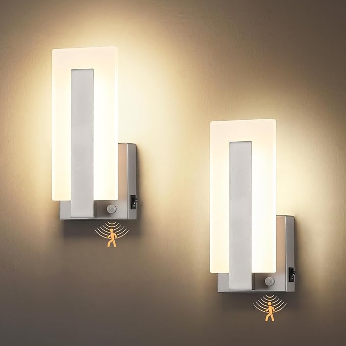 Joosenhouse Modern Wall Sconces Set of 2, 9.76 Inch Nickel Motion Sensor LED Wall Lights, Hardwired Indoor Wall Mount Light for Hallway, Bedroom, Living Room