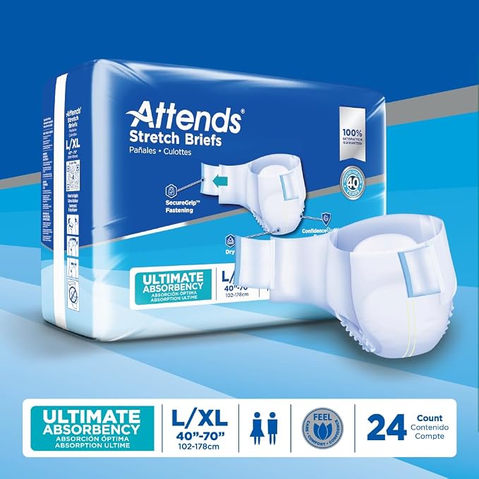 Attends Stretch Adult Incontinence Disposable Briefs, Large/X-Large, 40"-70" Waist with SecureGrip Tab Closure, Ultimate Absorbency with Dry-Lock Containment Core and Breathable Side Panels, 24ct Bag