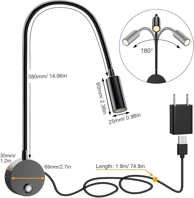 ERAY Plug-in LED Wall Mount Reading Light with 15" Flexible Gooseneck & USB Charging Port Dimmable Focused Bedside Reading Lights Black-1 Pack