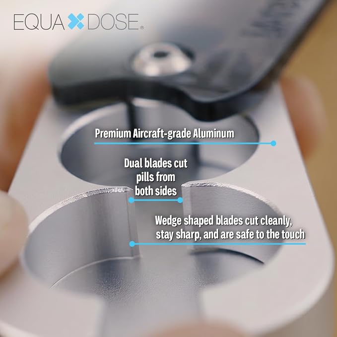 EQUADOSE Pill Splitter with Premium and Durable Aluminum Blades, Safely and Cleanly Cuts Small and Large Tablets, Vitamins, and Pills, Easy Tablet Divider for Accurate Medication Dosing, Black