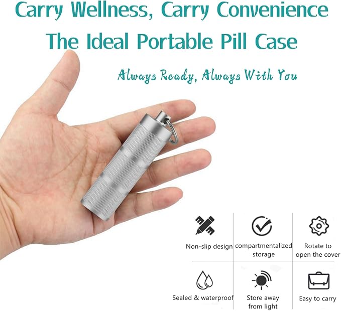 Waterproof Keychain Pill Holder - Compact, Portable, and Secure Pill Box with 3 Compartments - Pocket-Sized Pill Case and Container for Daily Medication on the Go, Sliver | Anodized aluminum with a keyring. 3 detachable layers. Pocket-sized, rustproof ...