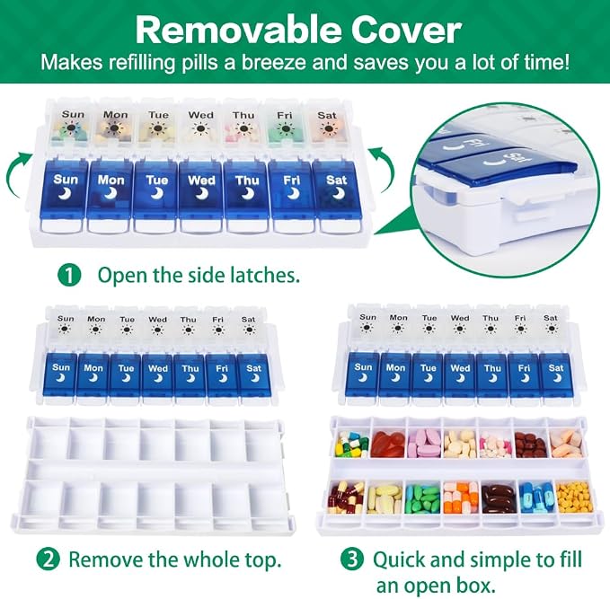 Shintop Weekly Pill Organizer 2 Times a Day, Easy Fill Am Pm Pill Box | Easy-Open Buttons, Quick-Fill Removable Top, Large Compartments, BPA-Free PP, Silicone Hinges, Senior- and Arthritis-Friendly