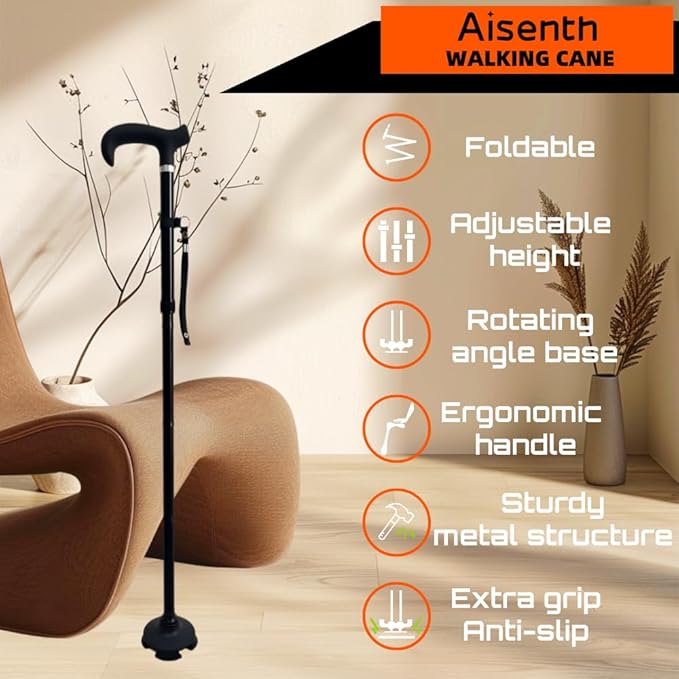 Walking Cane Crutches for Adults,Men&Women Seniors-Foldable Adjustable Lightweight Walking Stick with Waterproof Slip-Resistant Handle,360°Rotating Base&Wrist Strap-for Daily Support