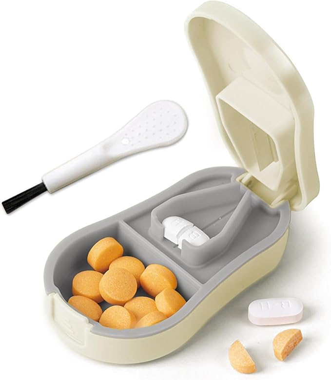 Pill Cutter Splitter for Small and Tiny Pills - Pill Cutter 1/4 - Accurately Cuts Multiple Pills - Easy Open Snap Button. Detachable V-Shaped Pad. Wrap-Around Blade Guard. Back Storage (Beige)