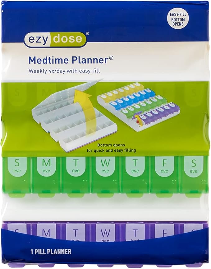 EZY DOSE Weekly (7-Day) Pill Case, Medicine Planner, Vitamin Organizer Box, 4 Times a Day, Large Compartments, Easy Fill All Compartments at Once Organizer, Multi-Colored, BPA Free | Pill Case, Medicine Planner, Vitamin Organizer Box, 4 Times a Day, Ea...