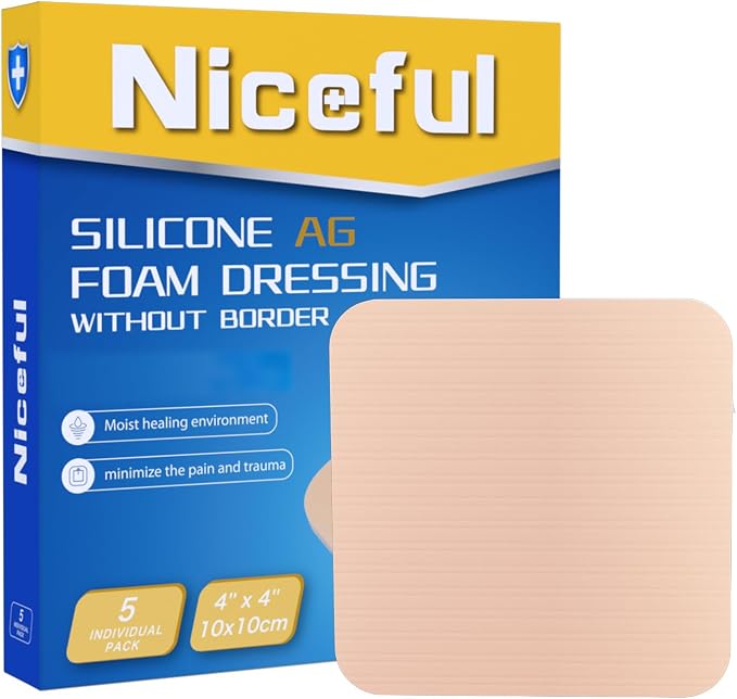 Niceful Silver Silicone Adhesive Foam Dressing Without Border, 4"×4" Ag Sterile Highly Absorbent Wound Dressing, 5 Count