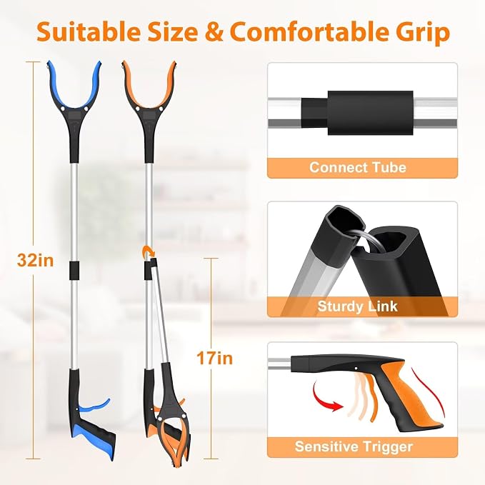 32" Grabber Reacher Tool, 2-Pack Foldable Reacher Grabber Pickup Tool with 360° Rotating Jaw & Magnet, Trash Picker Upper Grabber, Lightweight Grabbers for Seniors Heavy Duty
