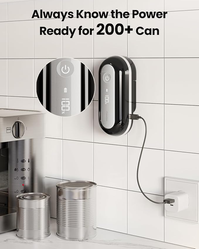 Canslab Retro Rechargeable Electric Can Opener, LED Battery Track&Auto Stop | True One-Touch Operation, Wall-Mountable Small Size, Side Cut Smooth Edge, Rechargeable, for Seniors with Arthritis, Black