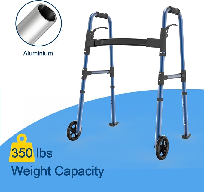Loyoda Folding Walker for Seniors, Lightweight Aluminum Standard Walker | Trigger Release Foldable, 5" Front Wheels, Height Adjustable, Storage Bag, Ski Glides, Blue