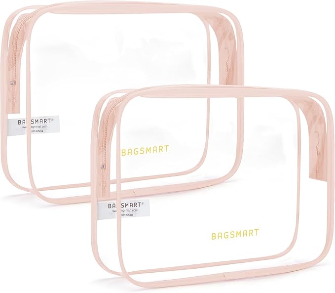 BAGSMART Clear Toiletry Bag 2-Pack TSA Approved Water-Repellent, Nude Pink | Carry on Travel Accessories Bag, Airport Airline Quart Size Bags for Women Men, Makeup Cosmetic Bag