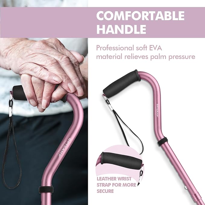 GPTCAMP G1 Walking Stick, Walking Cane for Women & Men with Wrist Strap, Lightweight & Sturdy Offset EVA Handle, Large Quad Base, Self Standing for Seniors and People with Injuries & Recovery