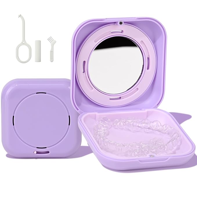 HEMILAB® Retainer Case, Slim Aligner Case with Vent Holes, Compatible with Invisalign, Mouth Guard Case with Mirror, Cute Orthodontic Retainer Case with Retainer Removal Tool and Brush, Purple