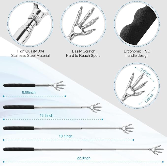 3pcs Upgraded Back Scratcher Massager, Telescoping Back Massage Stocking Stuffers for Men in a box with Eagle Claw, 9-teeth Rake Claw and 15-teeth Rake Claw, Rubber Handle, White Elephant Gifts