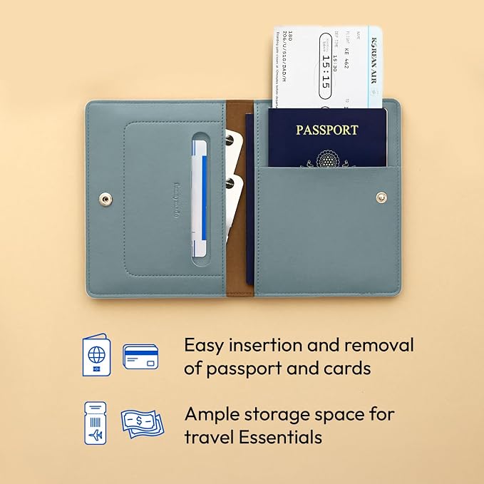 Premium RFID Blocking Leather Passport Holder & Wallet – Fog Blue | Family Travel Document Organizer – for 2 Passports, Cards, Boarding Passes & Travel Essentials