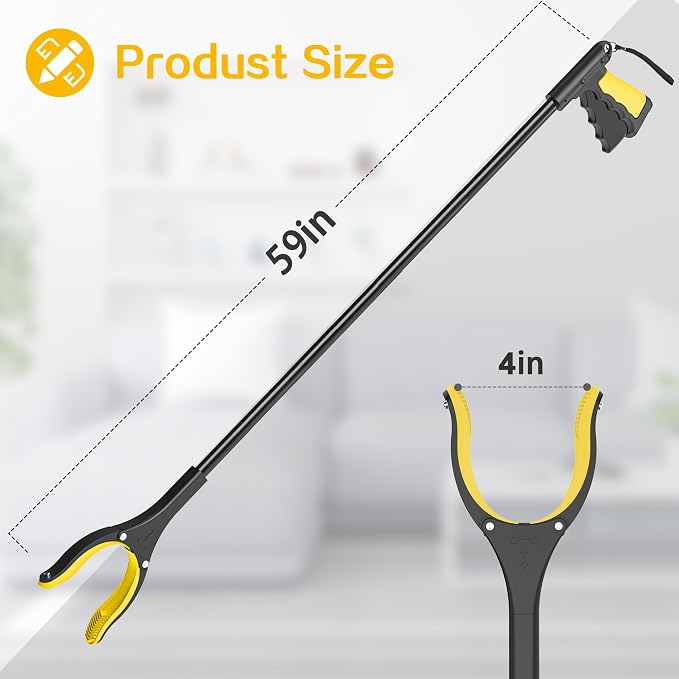 59 Inch Extra Long Grabber Reacher Tool，Pick Up Stick for Seniors with Strong Grip Magnetic，360°Rotating Anti-Slip Jaw 4" Wide Claw Opening,Hand Grabber for Reaching (YellowBlack, 59INCH)