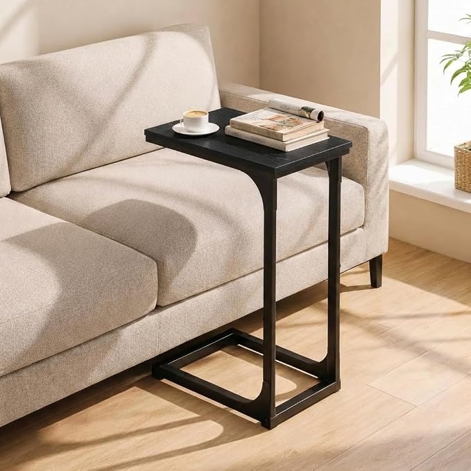 TEMI C Shaped End Table for Couch - Small Side Table and TV Tray for Eating or Laptop, Accent Desk for Chair or Sofa, Easy Assembly, Space-Saving Design for Living Room or Bedroom,Black