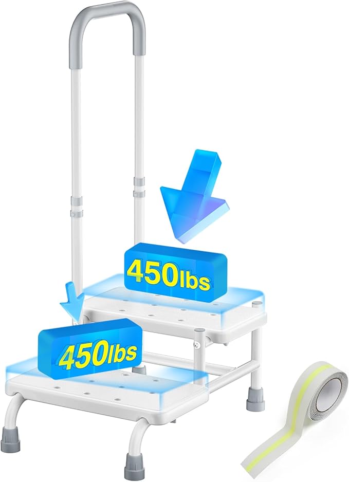 FORTEMOTUS 2 Step Stool with Handle for Elderly - Heavy Duty Bed Steps for High Beds for Adults with Adjustable Handrail &Non-Skid Platform, Foot Stool Ladder for Bedside, Kitchen, Car, RV, Bathtub