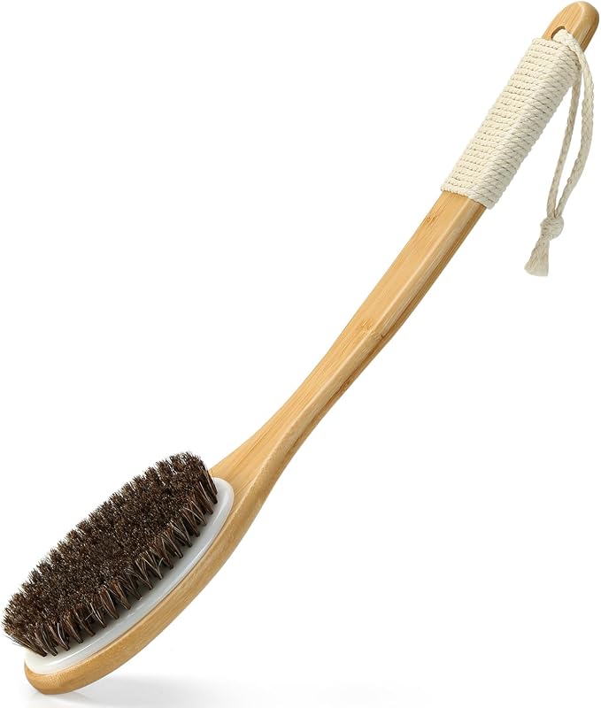 eaxun Bamboo Back Scrubber for Shower with Curved Long Handle, Shower Brush | 16.7 Inch Exfoliating Brush with Natural Horse Bristles for Men & Women, Anti-Slip Grip Back Washer for Bath or Dry Brushing