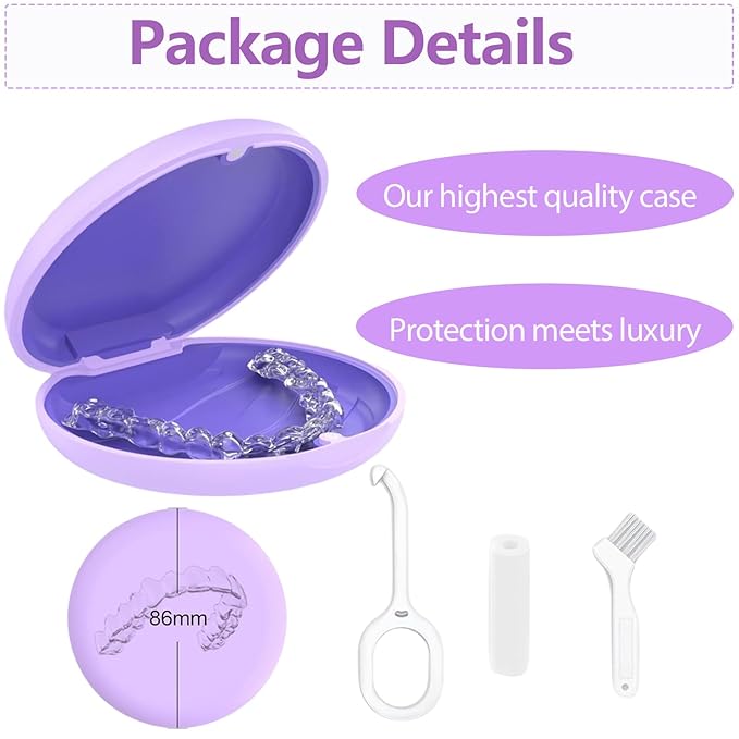 Retainer Case, Slim Aligner Cases for Invisalign, Mouthguard Case with Removal Tools& Aligners Chewies& Brush, Removable Inner Tray Silicone for Easy Cleaning (Purple)