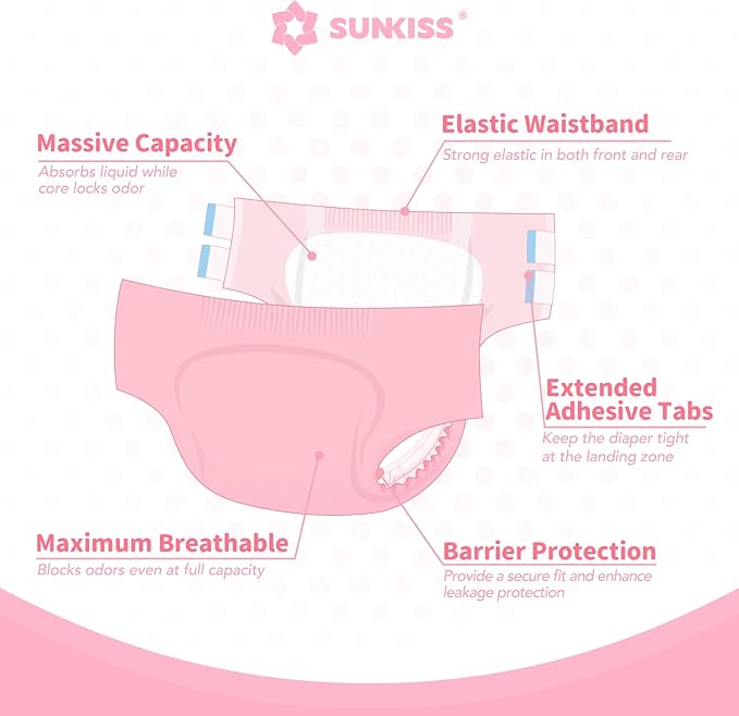 SUNKISS Masterpiece Adult Diapers with Tabs, Unisex Disposable Incontinence Briefs for Women and Men, Odor Control, Pink, Large/XLarge, Previously Large,10 Count