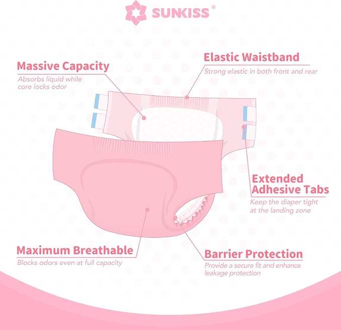 SUNKISS Masterpiece Adult Diapers with Tabs, Unisex Disposable Incontinence Briefs for Women and Men, Odor Control, Pink, Large/XLarge, Previously Large,10 Count (Pack of 2)