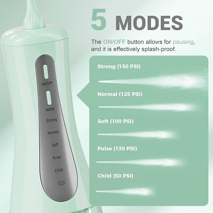350ML Water Dental Flosser Teeth Pick with Travel Bag, 5 Modes Portable Cordless Oral Irrigator Cleaner, Electric Rechargeable IPX7 Waterproof for Home Travel Teeth Cleaning flossing (Green)