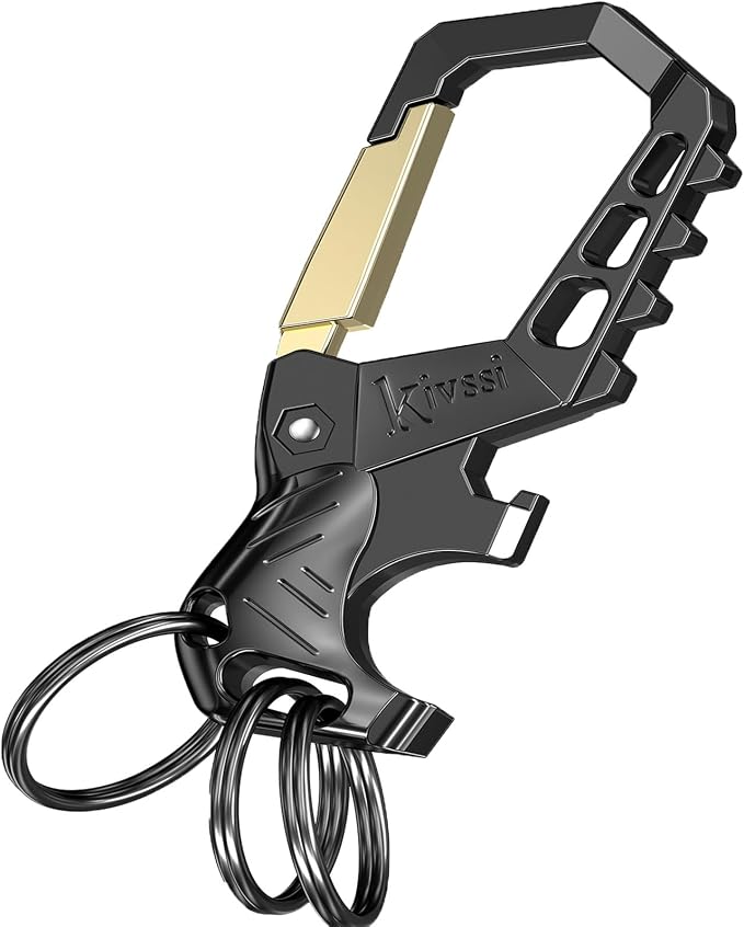 Kivssi Heavy duty metal keychains, Carabiner clip Car key chains,Fashion family keychain bottle opener and 3 Key Rings suitable for men and women.（Gold-1pcs）