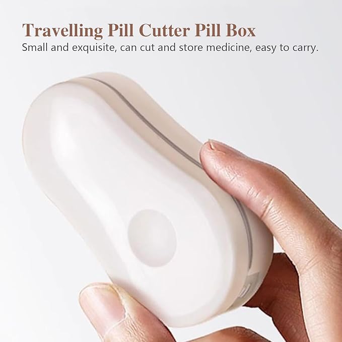 Pill Cutter Splitter for Small and Tiny Pills - Pill Cutter 1/4 - Accurately Cuts Multiple Pills - Easy Open Snap Button. Detachable V-Shaped Pad. Wrap-Around Blade Guard. Back Storage (Beige)