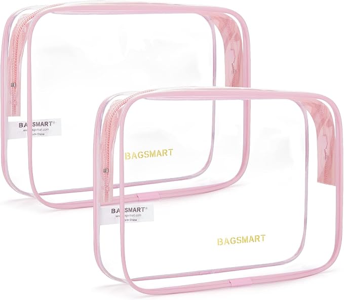BAGSMART Clear Toiletry Bag 2-Pack TSA Approved Water-Repellent, Pink | Carry on Travel Accessories Bag, Airport Airline Quart Size Bags for Women Men, Makeup Cosmetic Bag