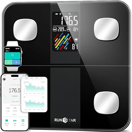 RunStar Smart Scale for Body Weight and Fat Percentage, High Accuracy Digital Bathroom Scale with Large Display for BMI Heart Rate 22 Body Composition Analyzer Sync with Fitness App 400lb