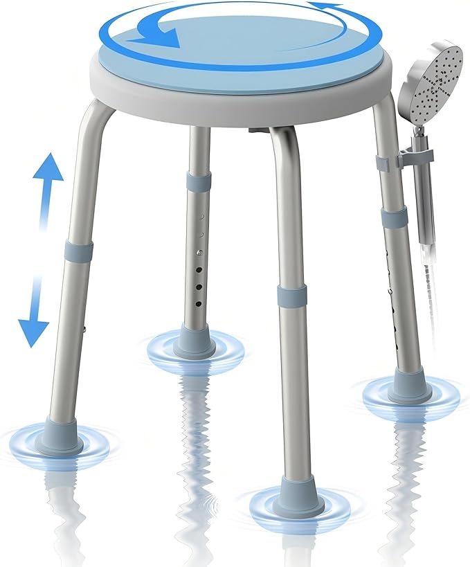 Swivel Shower Stool for Inside Shower, 360° Rotating Bath Stool with Non-Slip Seat Pad, Adjustable Shower Chair for Seniors with 6 Height Levels, Lightweight Seat Supports 300 lbs, Tool-Free Assembly