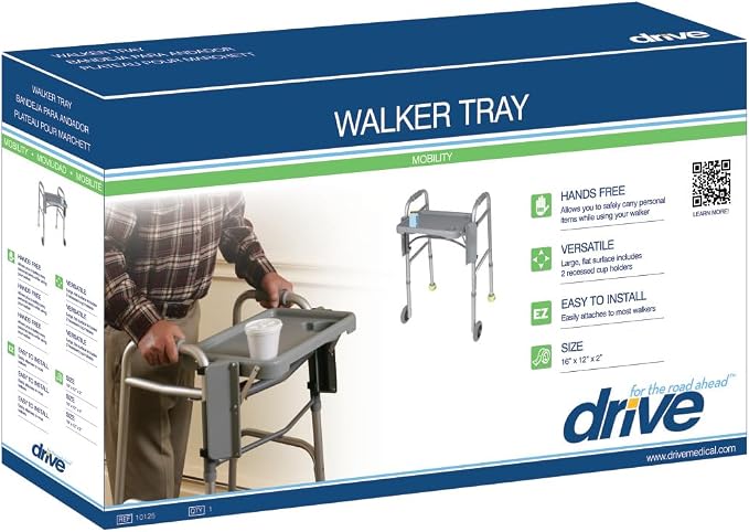 Drive Medical 10125 Walker Tray with Cup Holders, Gray | Walker Tray Includes Built-In Cup Holders for Convenient Everyday Item Storage and Transport, Gray Finish