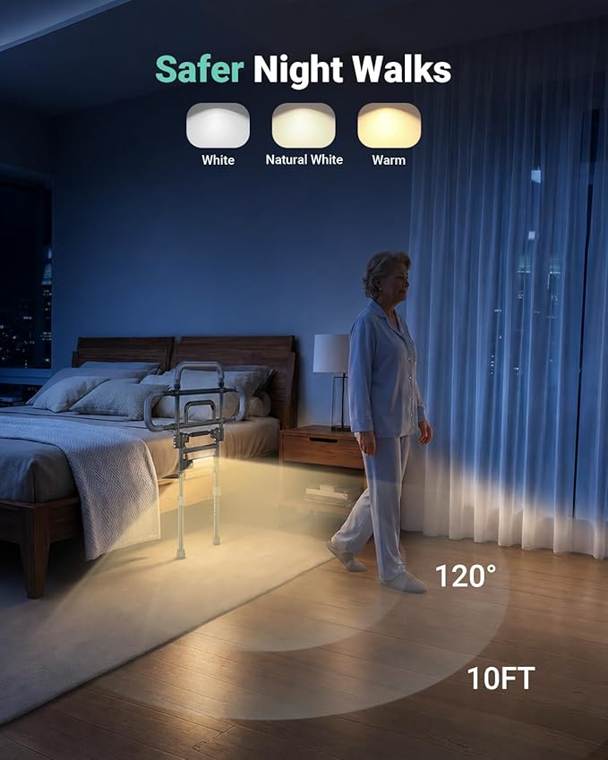 Bed Rails for Elderly Adults Safety, 180° Foldable Bed Rail with Adjustable Height & Width, 350lb Load, Extra-High Design, Wide Base, LED Light & Storage Pockets – Fits King/Queen/Full/Twin Beds