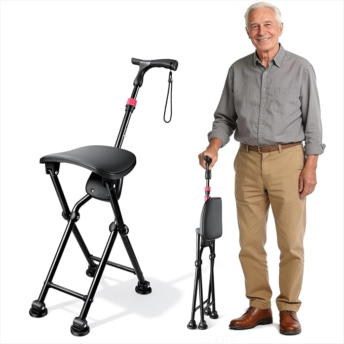 HZZEDNG-Hold 400 lbs Folding Canes with Seat, Allows Durability While Walking and Convenience for Sitting, Aluminum Portable Anti-Slip Cane Seat, Height-Adjustable Walking Cane