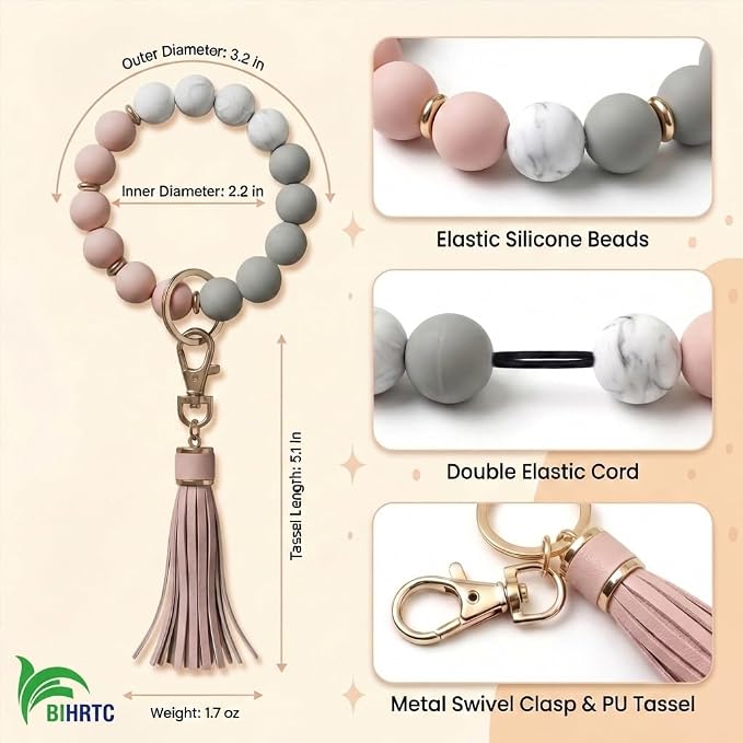 BIHRTC Key Ring Bracelet Car Keychain Holder Wristlet Silicone Women Beaded Bangle Chains
