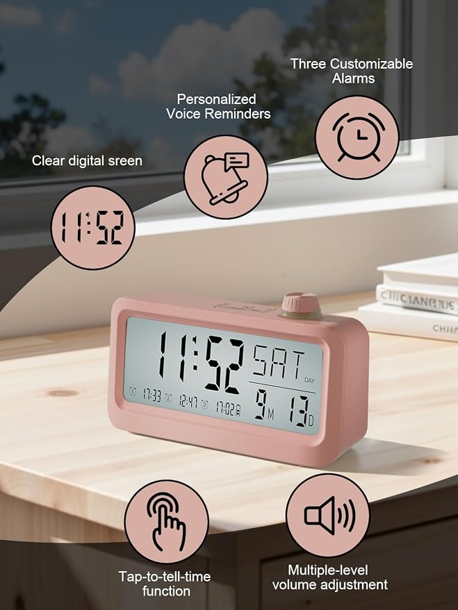 Medication Pill Reminder, RechargeableTalking Alarm Clock with 3 Custom Voice RecordingAlarms, Touch-to-Talk, a Digital Alarm (Clocks Gift forMom/Dad/Seniors/Elderly(Pink)