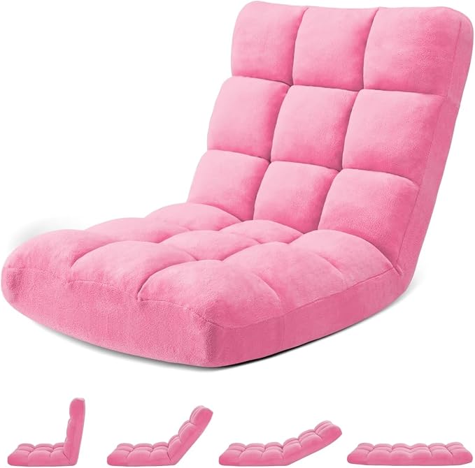 Folding Floor Gaming Chair 14-Poistion Cushioned Adjustable Floor Lazy Sofa Chair w/Breathable Cotton & Skin-Friendly Coral Velve for Adults & Kids Perfect for Reading Gaming Meditating, Pink