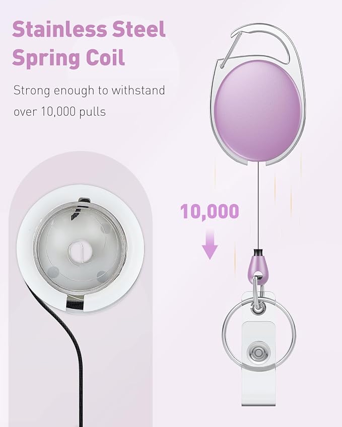 Uniclife 2 Pcs Retractable Badge Reel Keychain Clip Light Purple | Heavy Duty, Badge Holder Clip for Keys and ID Card, Key Chain Extender Aluminum Alloy Carabiner, with Carabiner Belt Clip