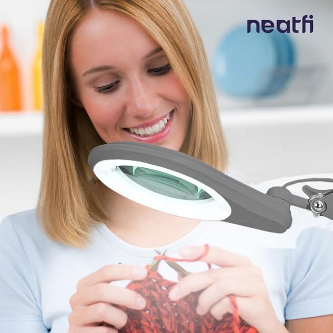 Neatfi (New Model Bifocals 1,200 Lumens Super LED Magnifying Lamp with Clamp, Dimmable, 60 Pcs SMD LED, 5 Inches Diameter Lens, Adjustable Arm Utility Clamp (5 Diopter + 20 Diopter, Silver)