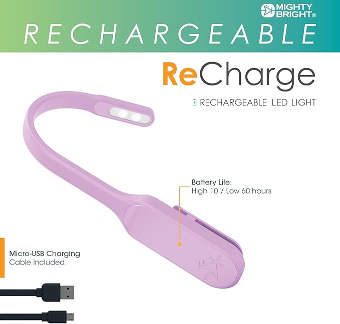 Mighty Bright The Original Recharge Clip On – USB Rechargeable Book Light – Warm LED Reading Lamp – Flexible, Dimmable, Lasts Up to 60 Hours a Charge (Lavender)