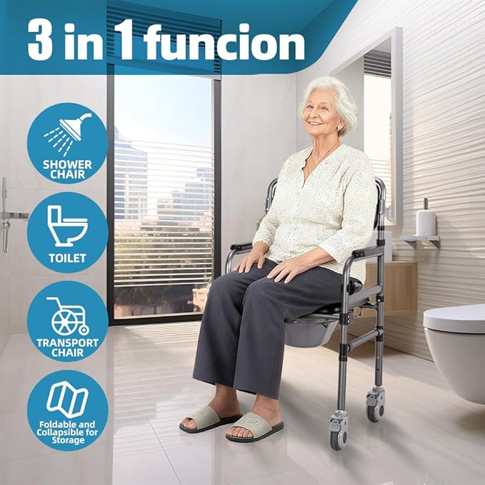Bedside Commode Chair Foldable Height-Adjustable Toilet Chair with PU Seat 3" Locking Wheels,400lbs Capacity, 22.8-40.6" Adjustable Foldable Shower Chair (Toilet-Round)