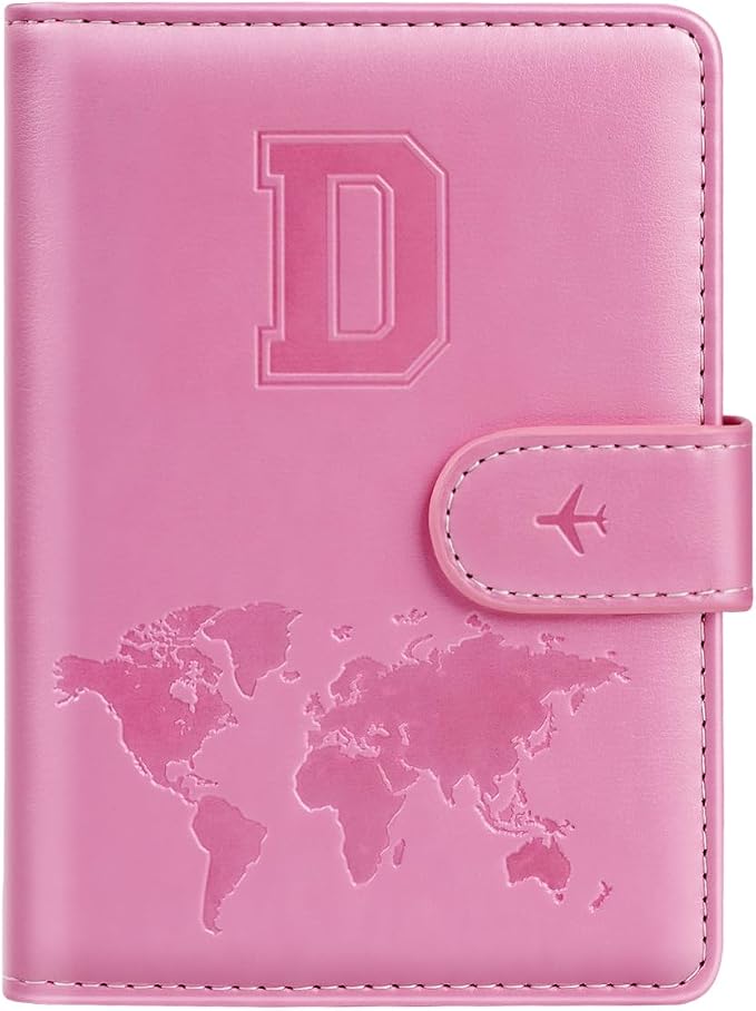 Passport Holder Cover Initial Letter A-Z Travel Wallet Personalized | Travel Essentials, Embossed Design, RFID Blocking, Personalized Gift, Passport Book Holders for Women Girls, Pink-D