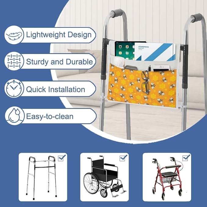 TOGETRUE Walker Bag, Easy Access Walker Storage Basket with 2 Large Pockets, Walker Accessories Bag for Folding Walker, Wheelchairs, Strollers, 13"x14.5" (Bees)
