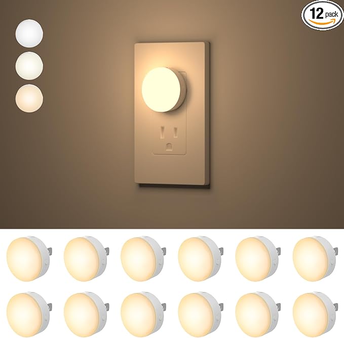 Night Lights Plug in12 Pack,Dim Night Light with 3CCT, Auto Dusk to Dawn Sensor, 3 Brightness Levels, Dimmable Night Light for Bedroom, Stairway, Toilet