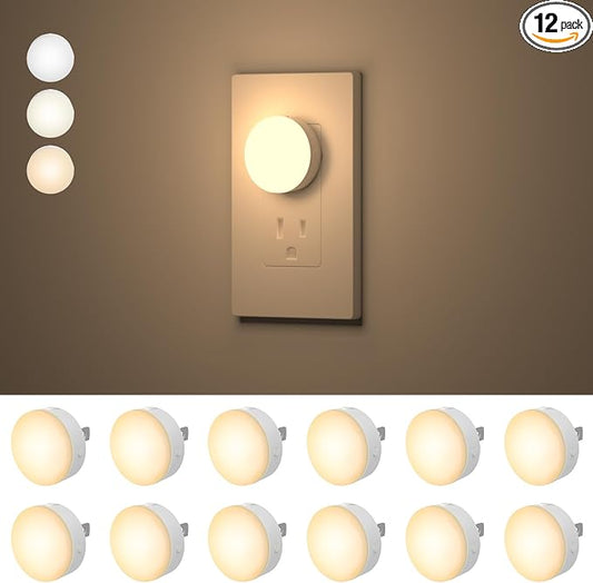 Night Lights Plug in12 Pack,Dim Night Light with 3CCT, Auto Dusk to Dawn Sensor, 3 Brightness Levels, Dimmable Night Light for Bedroom, Stairway, Toilet