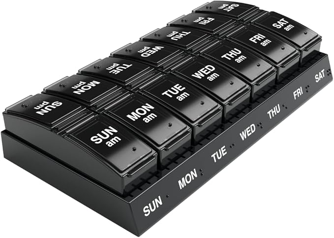 EZY DOSE Weekly, AM/PM Daily Pill Organizer, 7-Day Medicine Planner, Vitamin Container, Small Pop-Out Compartments, 2 Times a Day Pill Holder, Black, Travel-Friendly, BPA Free