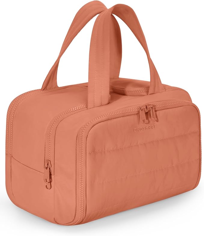 BAGSMART Travel Toiletry Bag, Crush Toiletry Bag for Women, Wide-open Puffy Toiletry Bags for Traveling, Large Travel Cosmetic Makeup Bag Organizer for Accessories,Toiletrie (Orange)