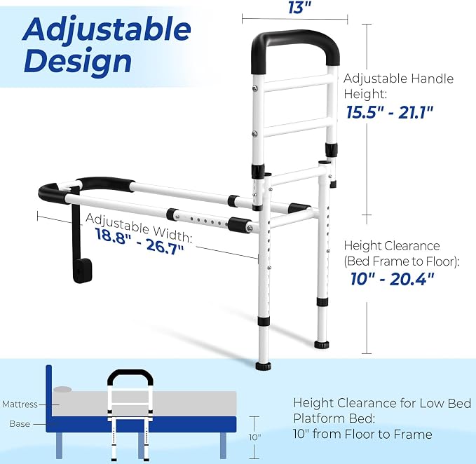 KingPavonini Bed Rails for Elderly Adults Safety 2026 Upgrade, ASTM-Approved Bed Rails for Seniors with Anti-Wobble Adjustable Feet, 400lb Bed Cane, Non-Slip Handle & Storage Bag, No-Tools, Model GS04