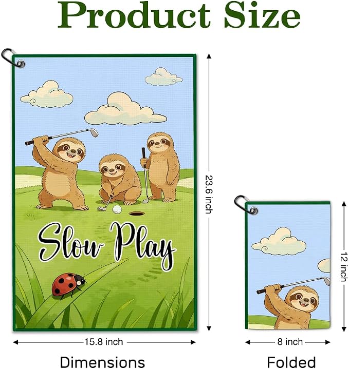 Slow Play Golf Towel with Clip, Funny Sloth Golf Bag Accessories for Men, Golfing Accessories for Men Women, Golfing Gifts for Sloth Sport Lover, Birthday Retirement Gifts for Golfer Fan Friend